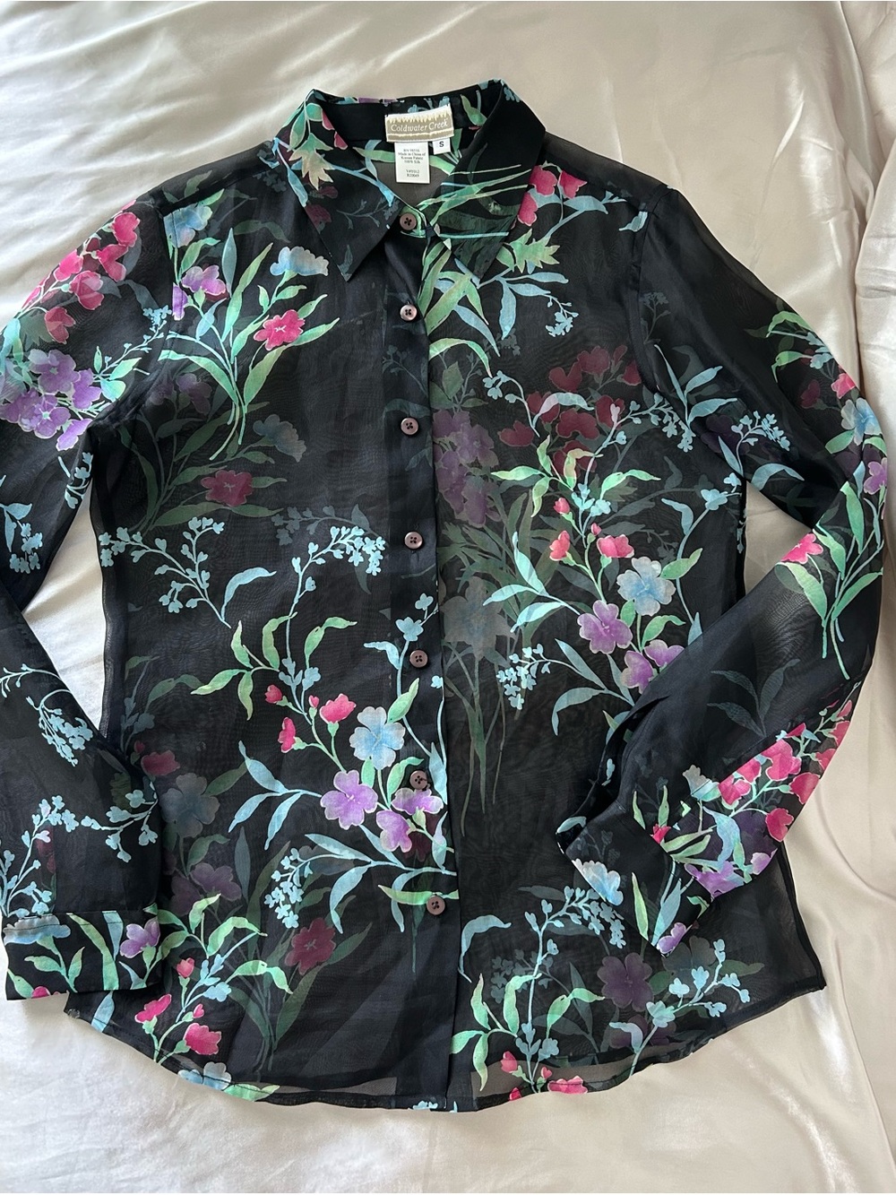 Vintage Silk Sheer Blouse with Green and Teal Leaf Print